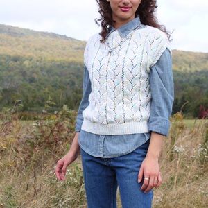 Knit Sweater Vest Confetti Yellow Pink Green Pattern Chevrons Small 70s